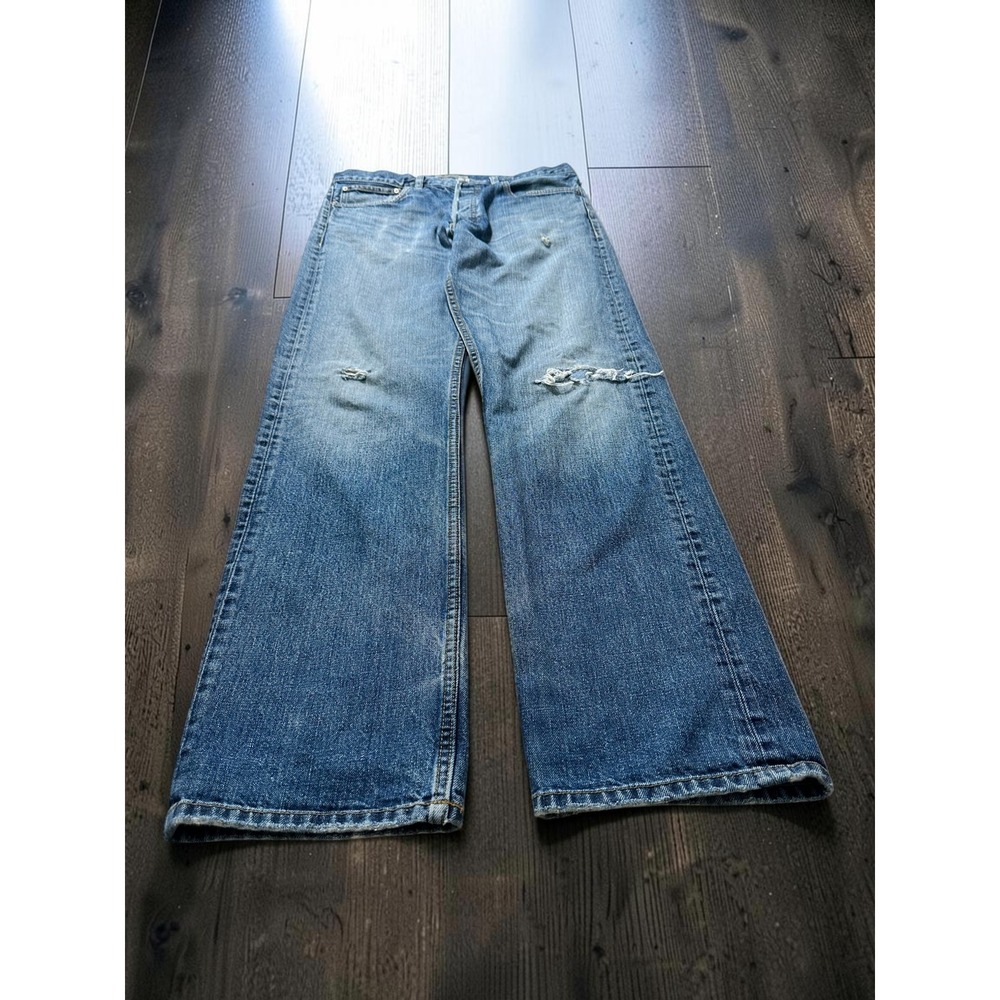 WEZC Mens Distressed Button Fly Straight Leg Denim Jeans Medium Wash 32x32